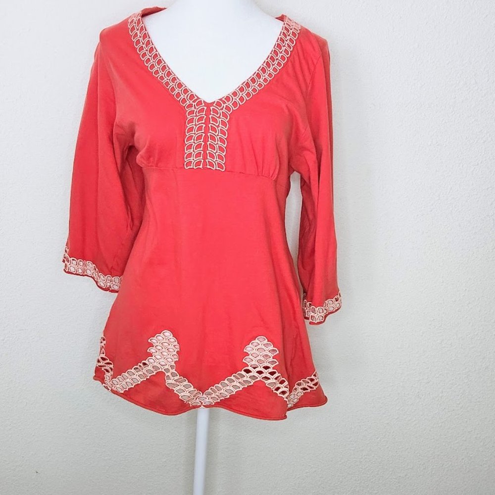 Vertigo Paris Tunic V Neck Bell Sleeves Lose Fit Women's Medium Coral Orange